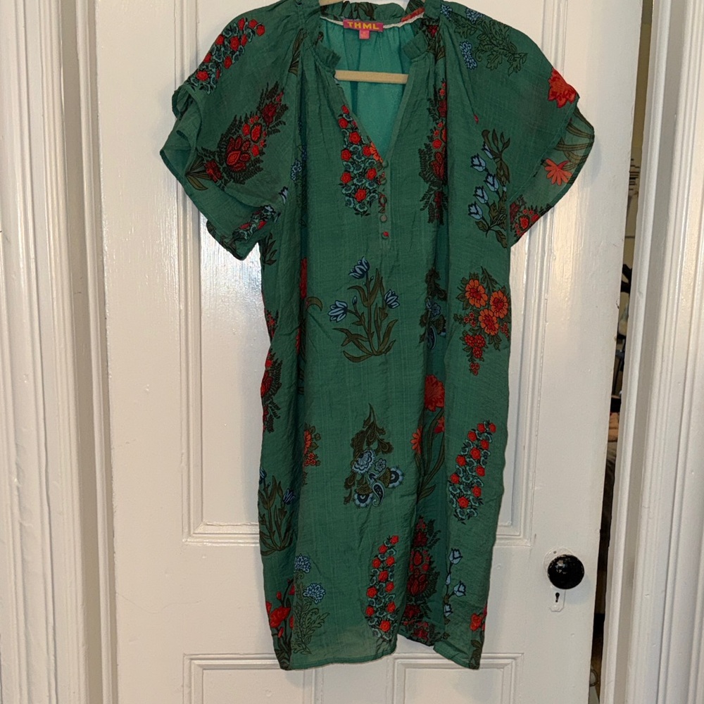 THML Green Floral Midi Dress with Red & Blue Blooms